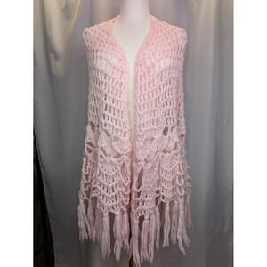 Vintage Hand Crochet Pink Fringe Vest Boho Granny Festival Cottagecore 70s OSFM